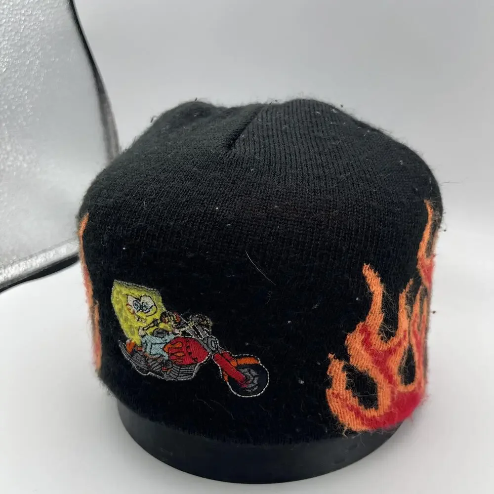 Vintage Nickelodeon SpongeBob Beanie Boys One Size Black Flames Motorcycle 2004